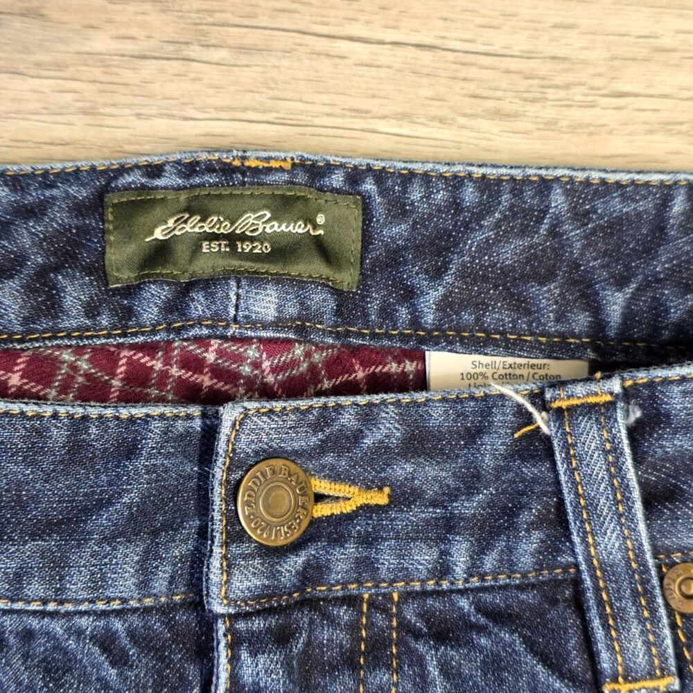 Eddie Bauer Straight-Leg Jeans in Dark Blue with Red Plaid Cuff - Picture 4 of 8